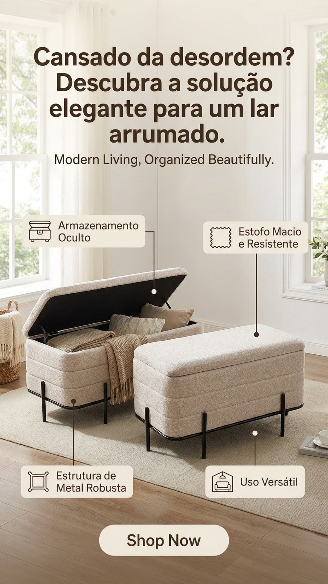 Banco Estofado Bege 74x42x40
