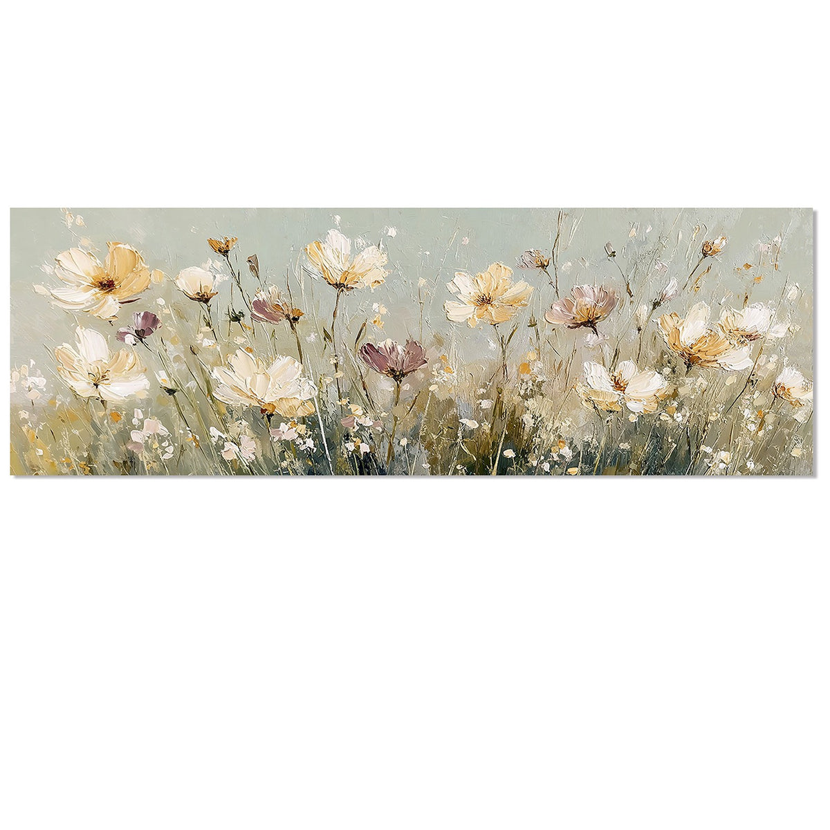Tela panorâmica com flores em tons suaves de verde, bege, branco e rosa