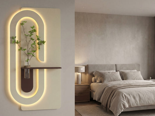 Quadro Branco em Relevo com Prateleira e Jarra de Vidro iluminação LED