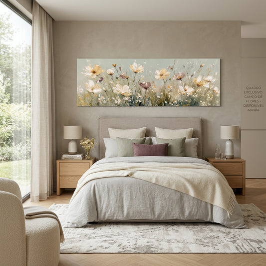 Tela panorâmica Campo de Flores sobre uma cama num quarto em tons neutros