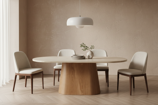 Mesa de jantar em madeira com tampo cerâmico num ambiente contemporâneo