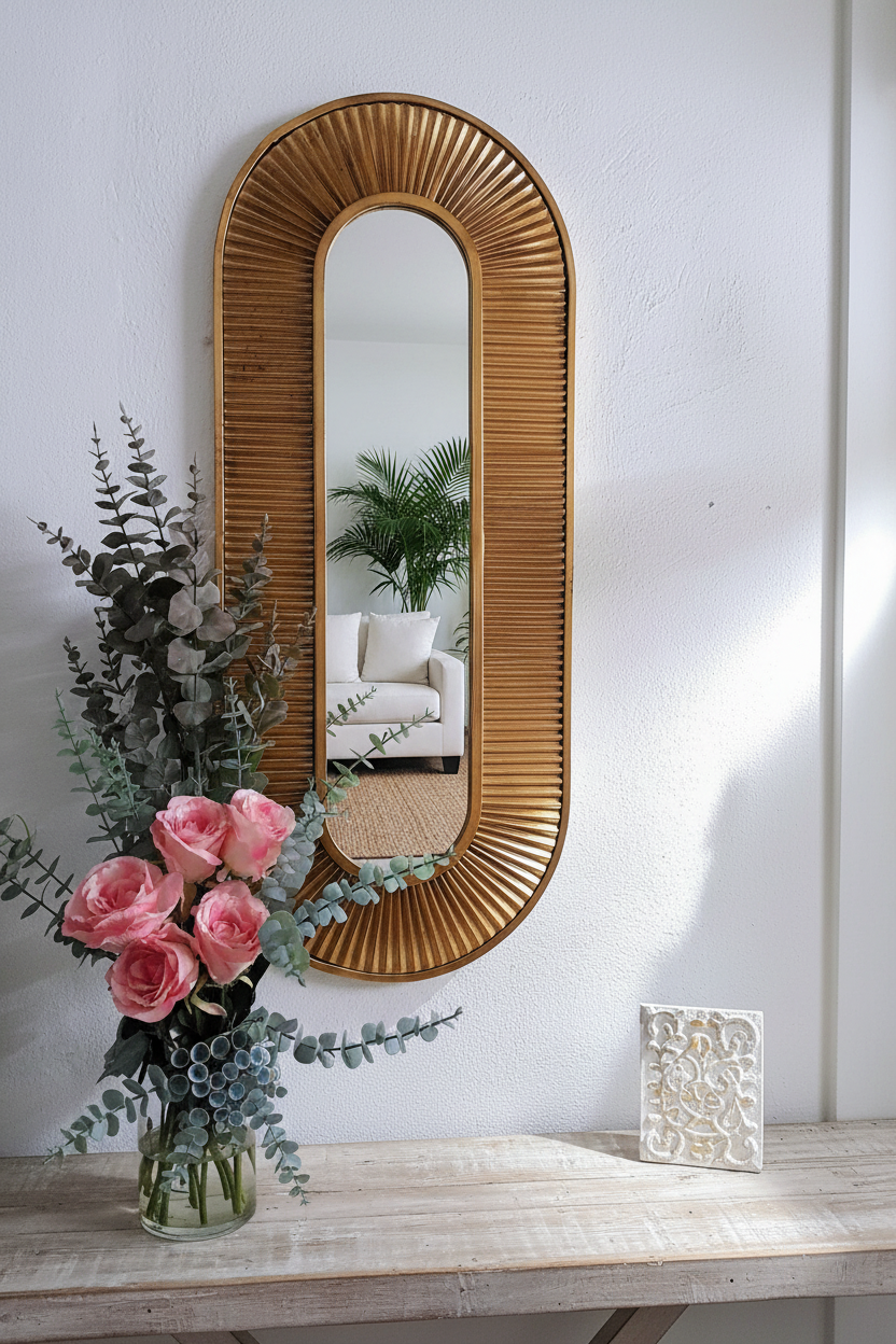 Espelho oval em metal dourado em ambiente decorado